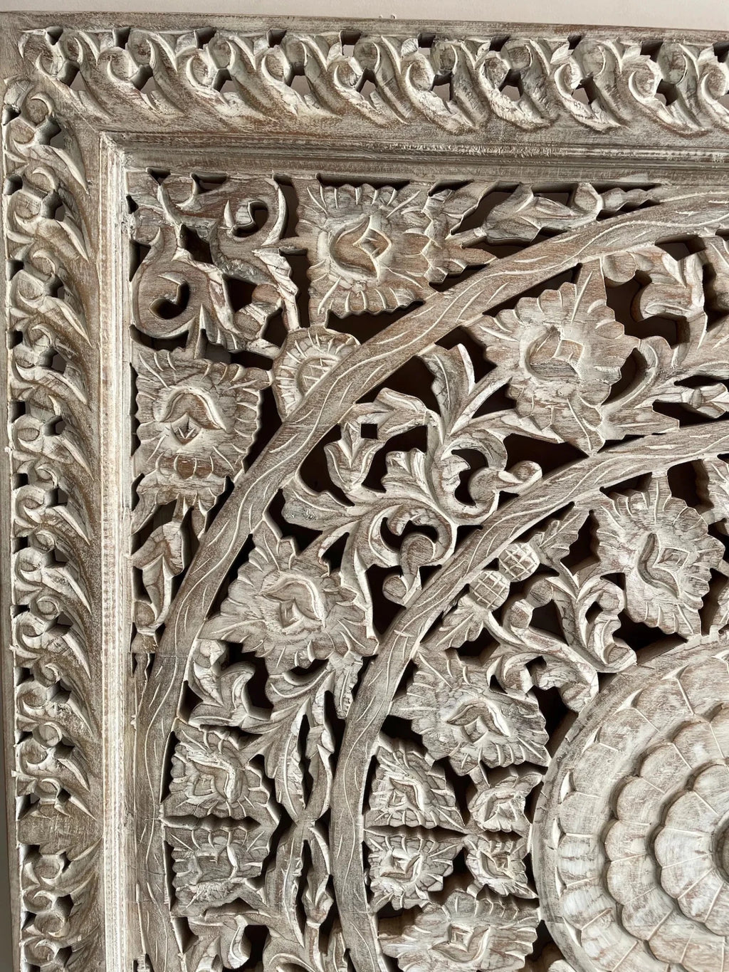 Lotus Mandala Hand-Carved Wooden Wall Panel in Distressed White Finish - DOBRI ARTS AU