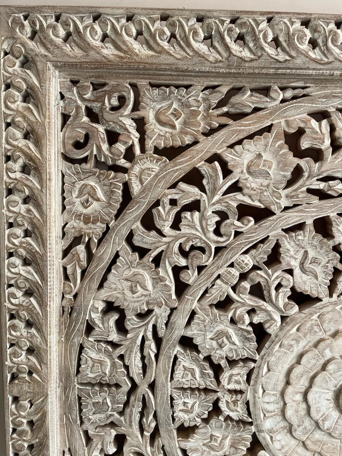 Lotus Mandala Hand-Carved Wooden Wall Panel in Distressed White Finish - DOBRI ARTS AU