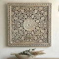 Lotus Mandala Hand-Carved Wooden Wall Panel in Distressed White Finish - DOBRI ARTS AU