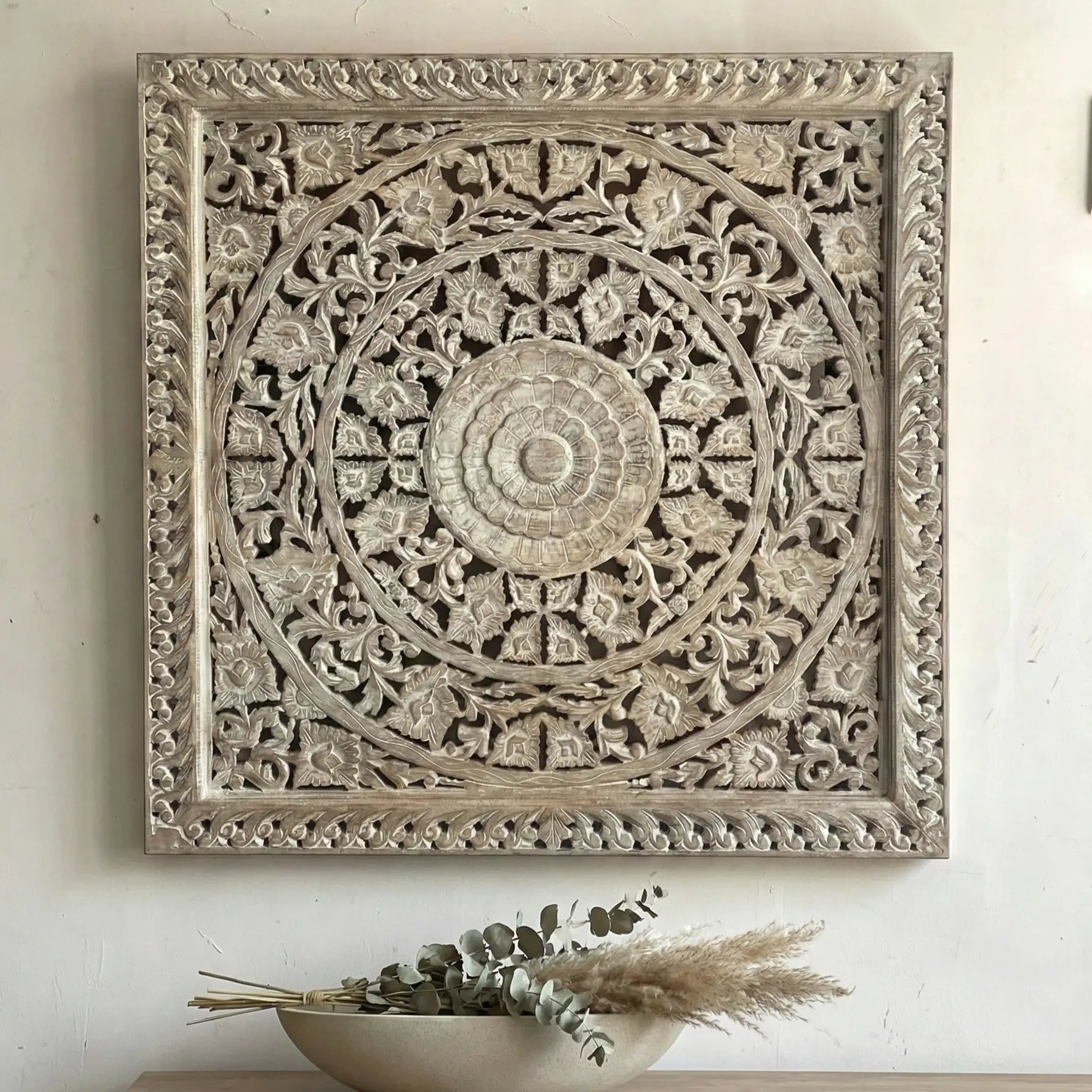 Lotus Mandala Hand-Carved Wooden Wall Panel in Distressed White Finish - DOBRI ARTS AU