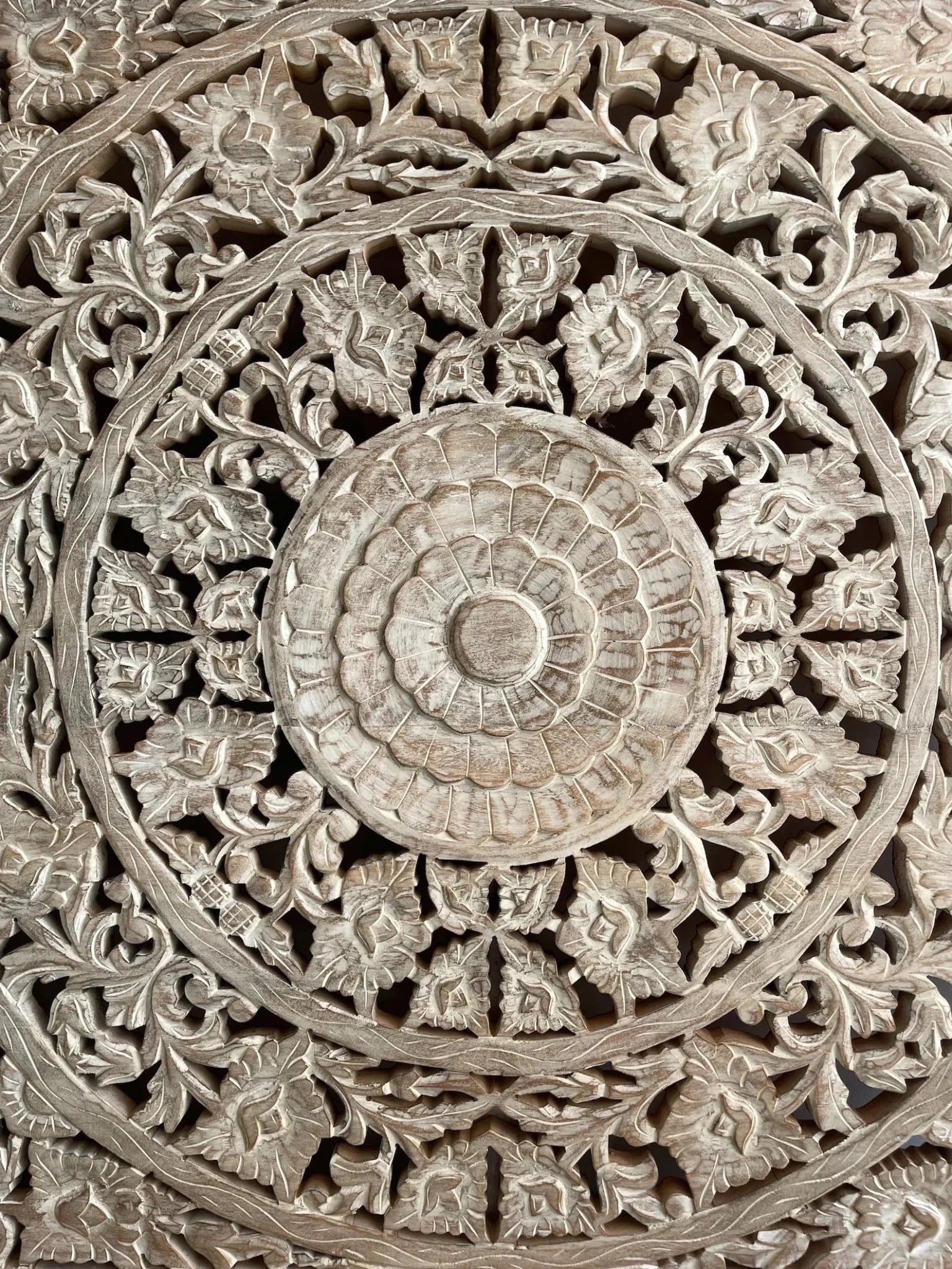 Lotus Mandala Hand-Carved Wooden Wall Panel in Distressed White Finish - DOBRI ARTS AU