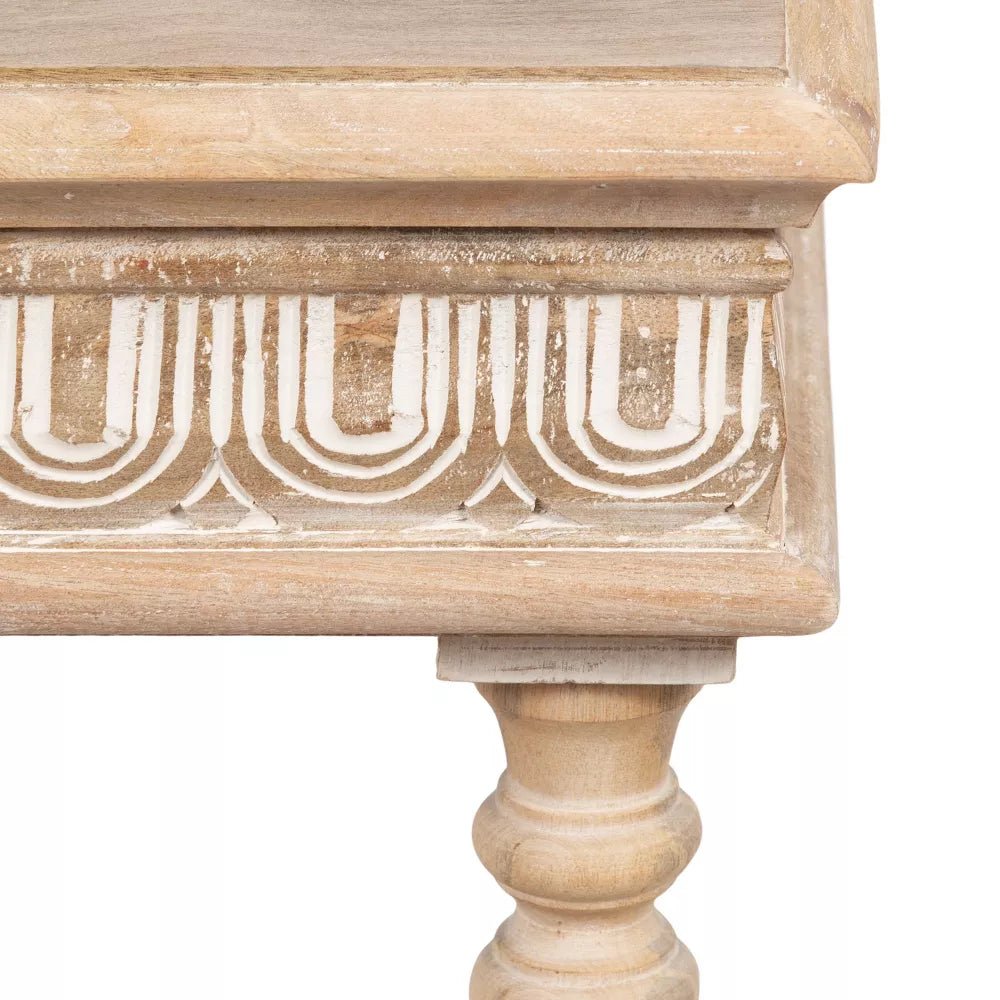 Lucy Natural Mango Wood Side Table – Solid Wood Accent Table with Turned Legs, Lower Shelf & Carved Detail - DOBRI ARTS AU
