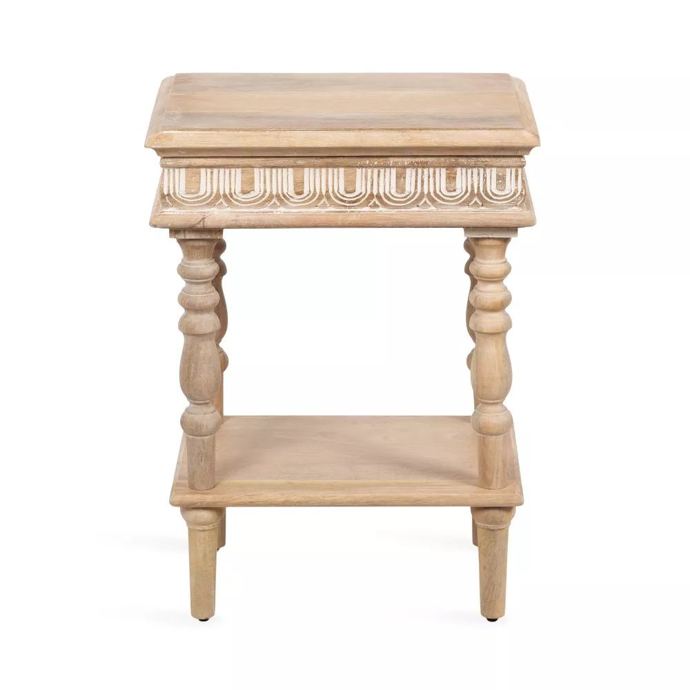 Lucy Natural Mango Wood Side Table – Solid Wood Accent Table with Turned Legs, Lower Shelf & Carved Detail - DOBRI ARTS AU