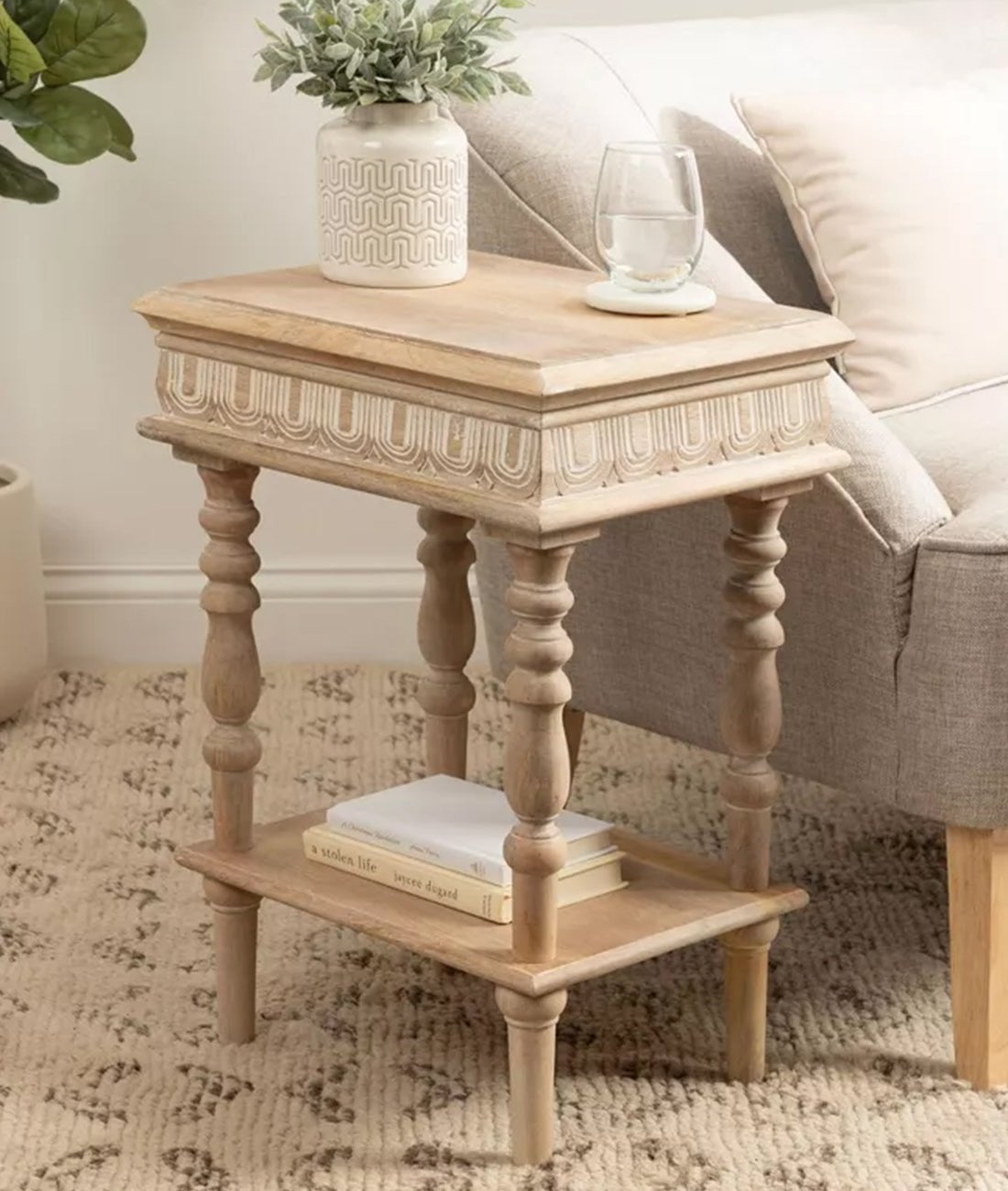Lucy Natural Mango Wood Side Table – Solid Wood Accent Table with Turned Legs, Lower Shelf & Carved Detail - DOBRI ARTS AU