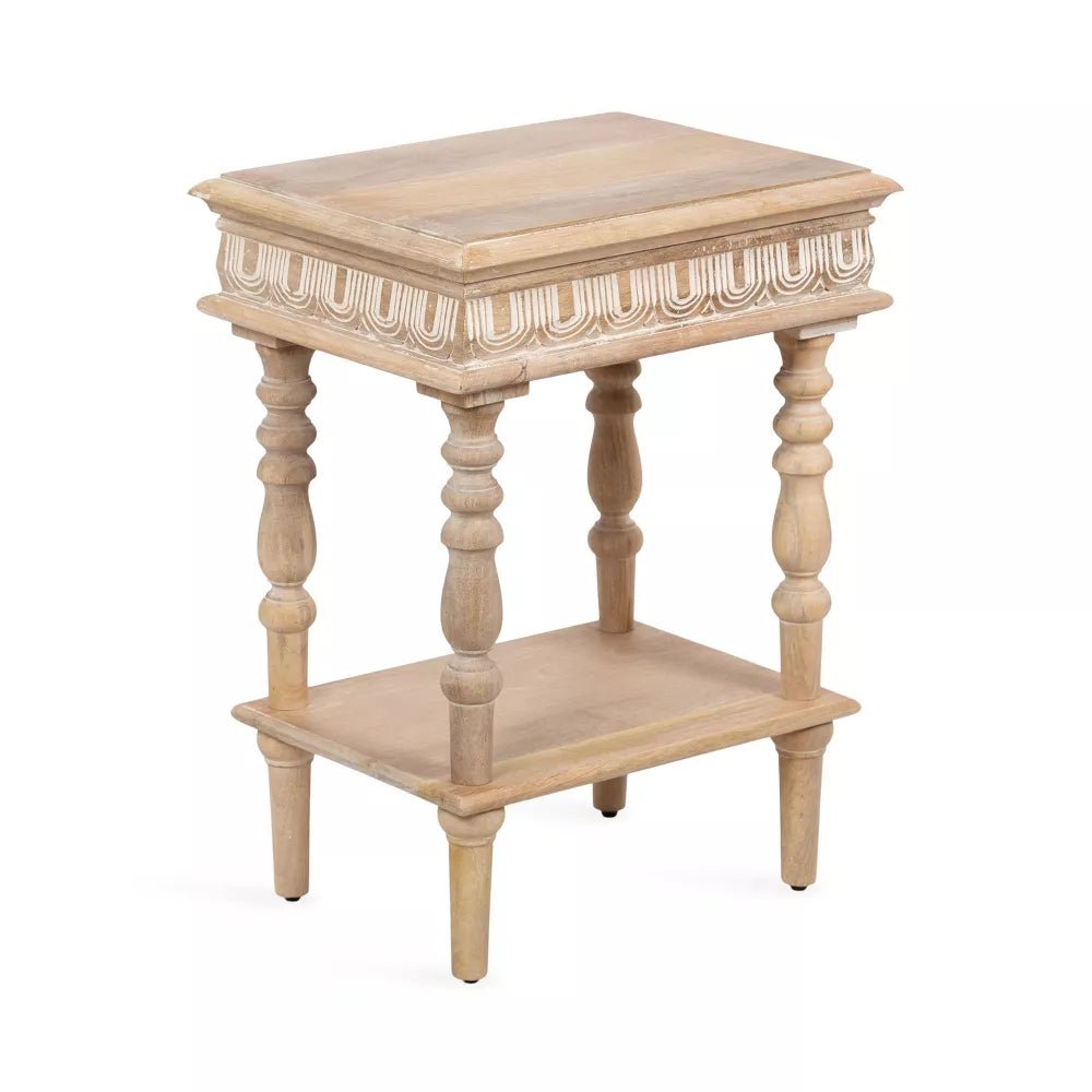 Lucy Natural Mango Wood Side Table – Solid Wood Accent Table with Turned Legs, Lower Shelf & Carved Detail - DOBRI ARTS AU