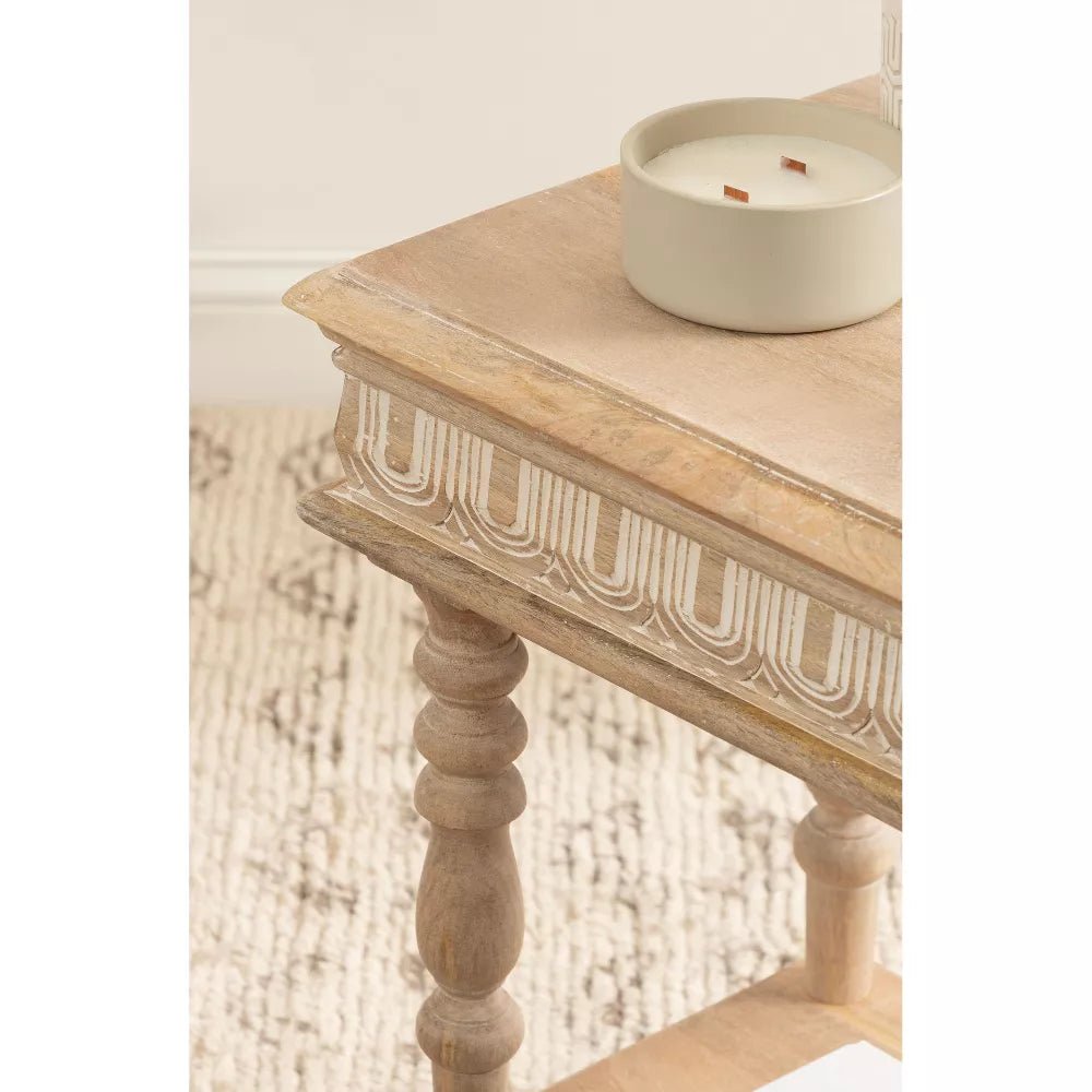 Lucy Natural Mango Wood Side Table – Solid Wood Accent Table with Turned Legs, Lower Shelf & Carved Detail - DOBRI ARTS AU