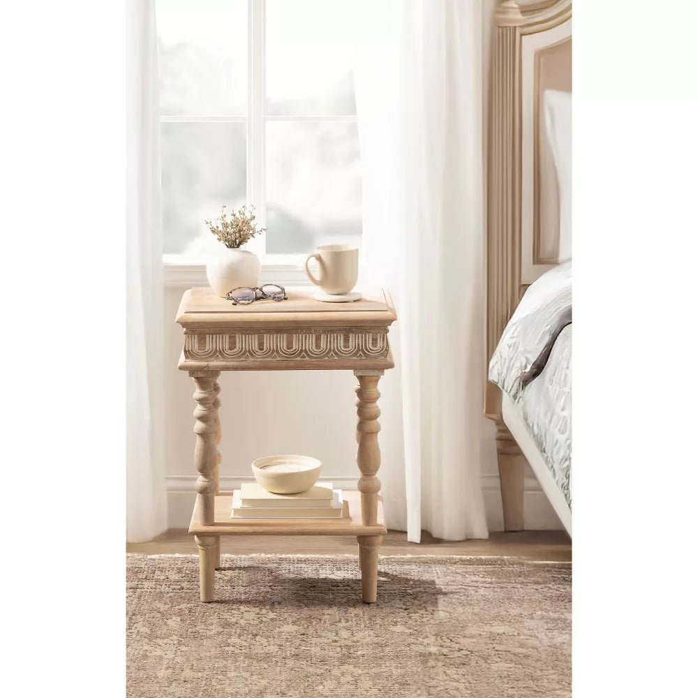 Lucy Natural Mango Wood Side Table – Solid Wood Accent Table with Turned Legs, Lower Shelf & Carved Detail - DOBRI ARTS AU