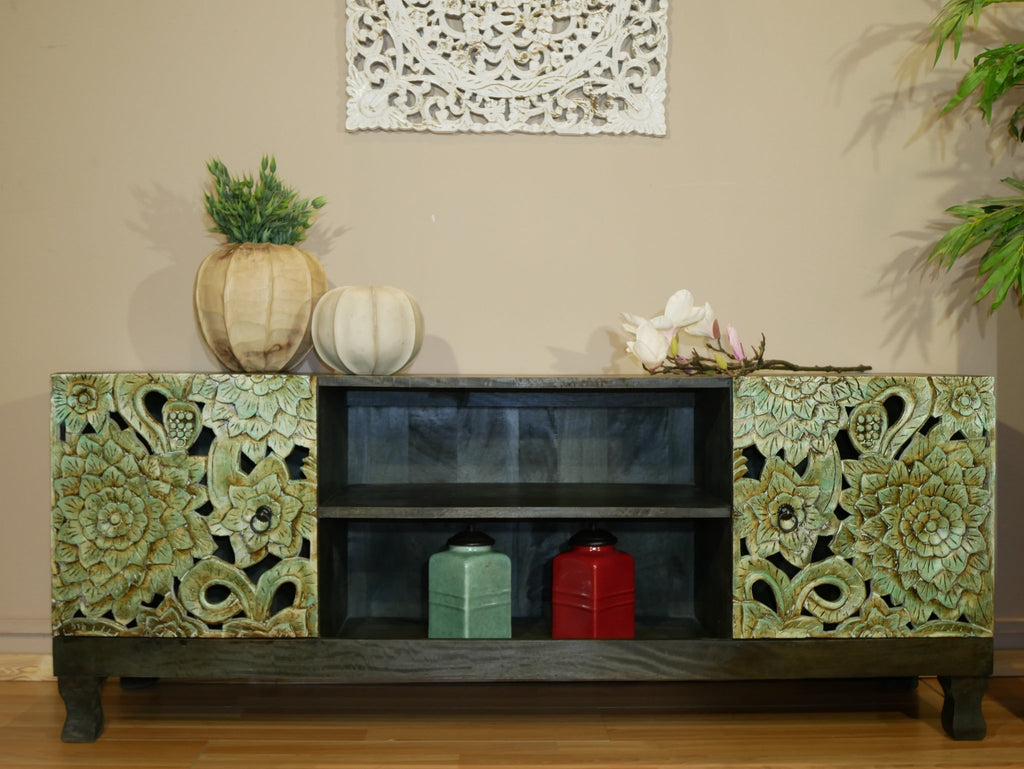 Magic Hand-Carved Floral Mango Wood TV Lowboard - DOBRI ARTS AU