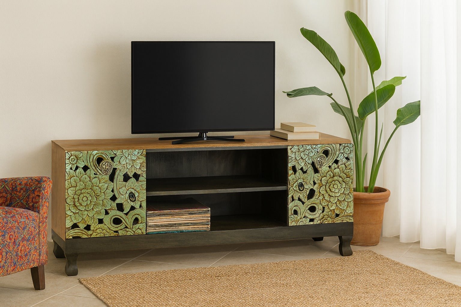 Magic Hand-Carved Floral Mango Wood TV Lowboard - DOBRI ARTS AU