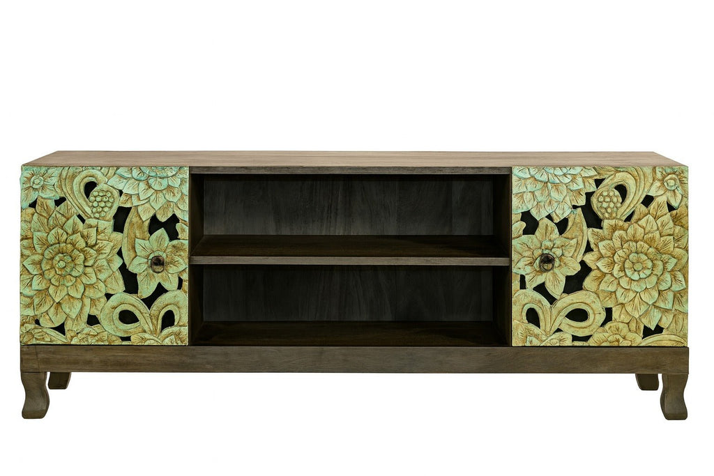 Magic Hand-Carved Floral Mango Wood TV Lowboard - DOBRI ARTS AU