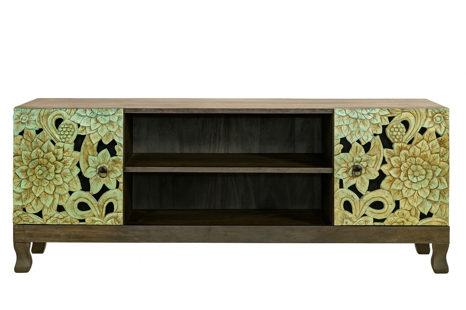 Magic Hand-Carved Floral Mango Wood TV Lowboard - DOBRI ARTS AU