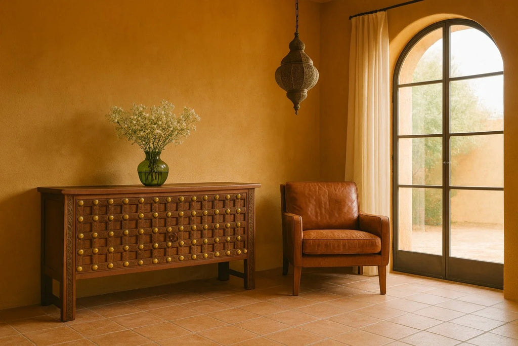 Malu Studded Teak Wood Statement Console Table - DOBRI ARTS AU