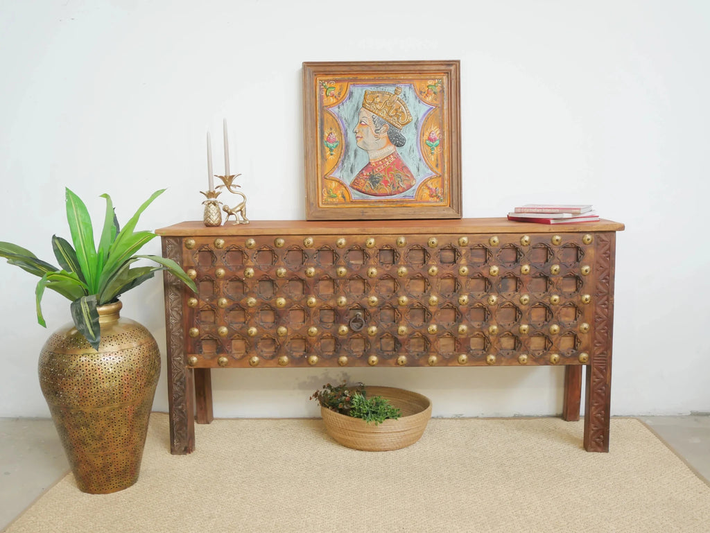 Malu Studded Teak Wood Statement Console Table - DOBRI ARTS AU