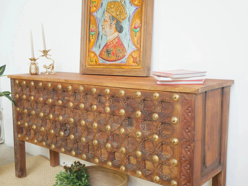 Malu Studded Teak Wood Statement Console Table - DOBRI ARTS AU