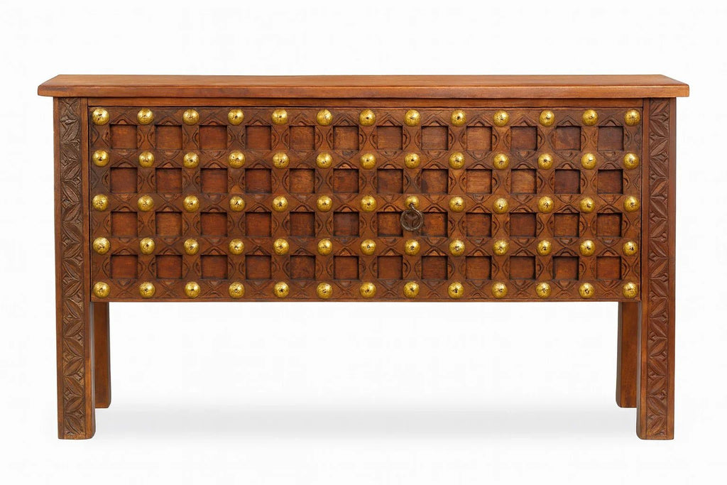 Malu Studded Teak Wood Statement Console Table - DOBRI ARTS AU