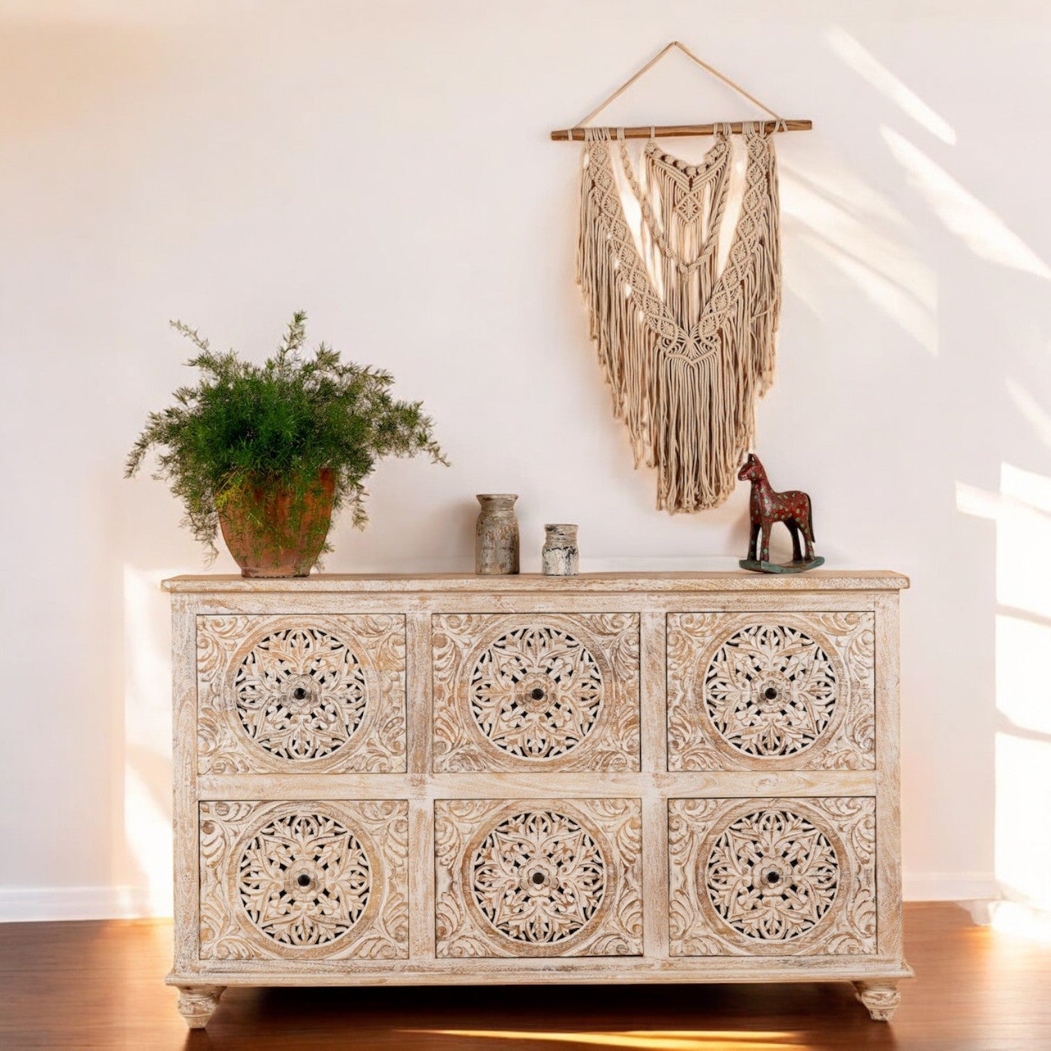 Mandala Wooden Sideboard with Six-Panel Design - DOBRI ARTS AU
