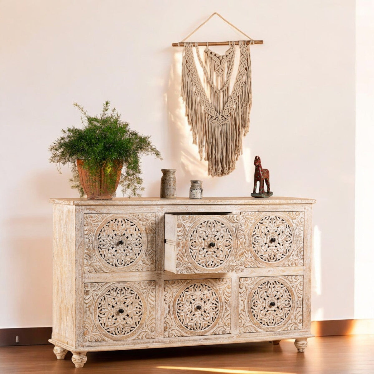 Mandala Wooden Sideboard with Six-Panel Design - DOBRI ARTS AU