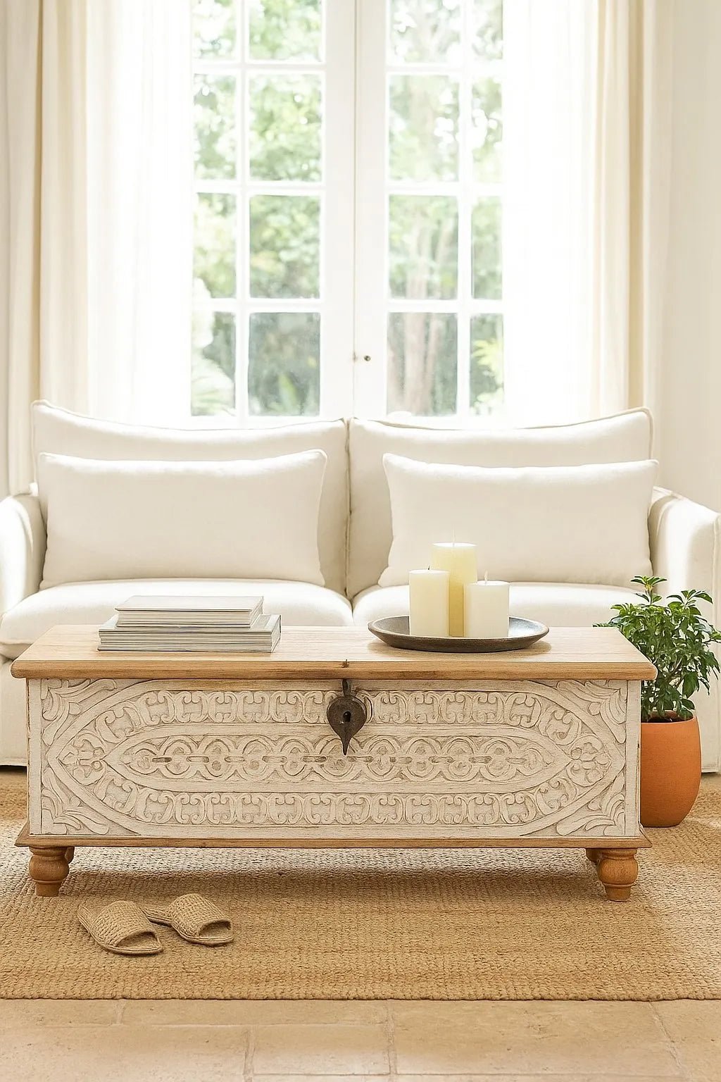 Mandapam Whitewashed Hand-Carved Mango Wood Storage Chest - DOBRI ARTS AU