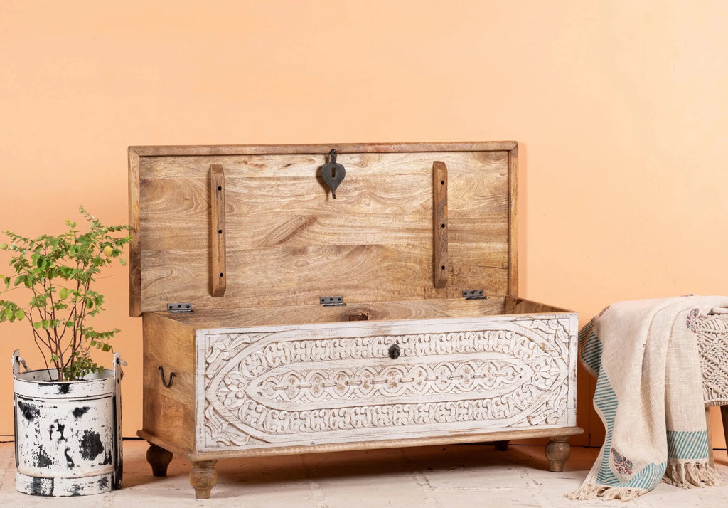 Mandapam Whitewashed Hand-Carved Mango Wood Storage Chest - DOBRI ARTS AU