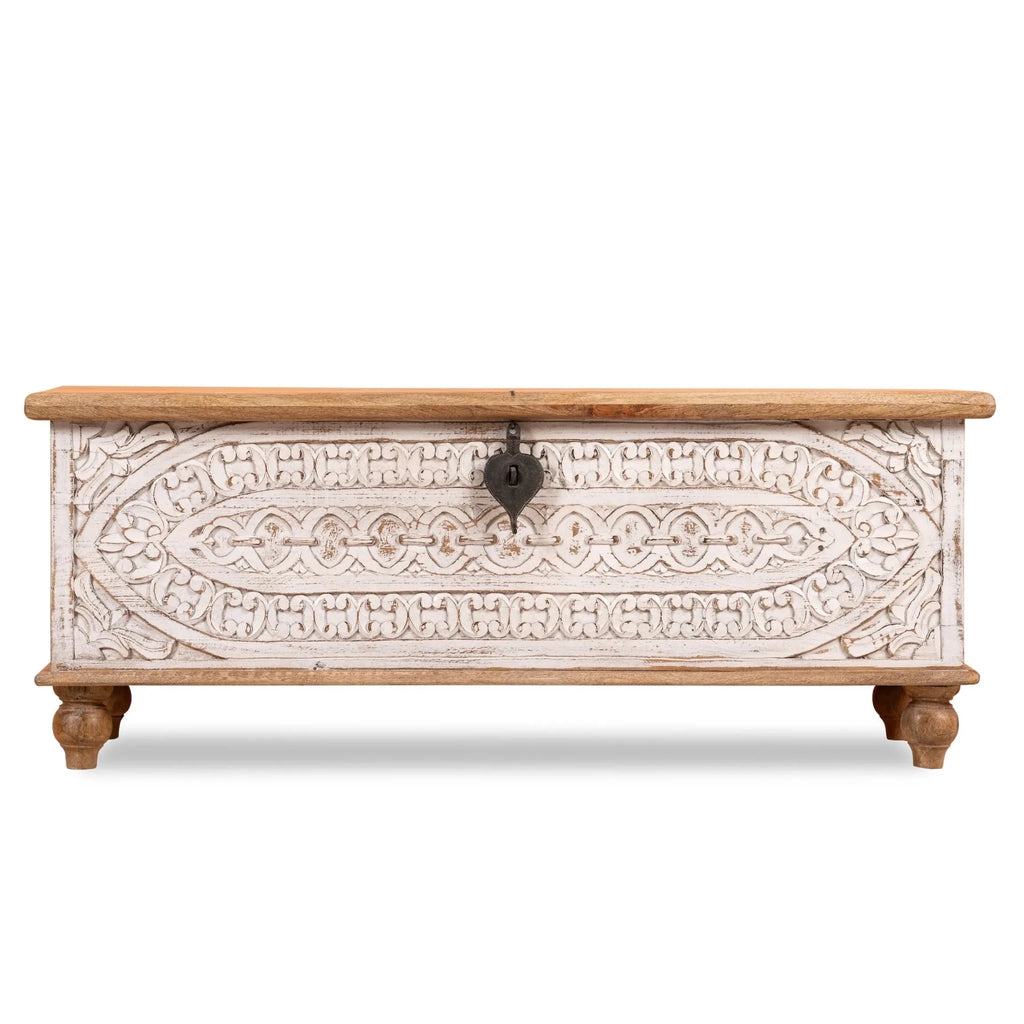Mandapam Whitewashed Hand-Carved Mango Wood Storage Chest - DOBRI ARTS AU
