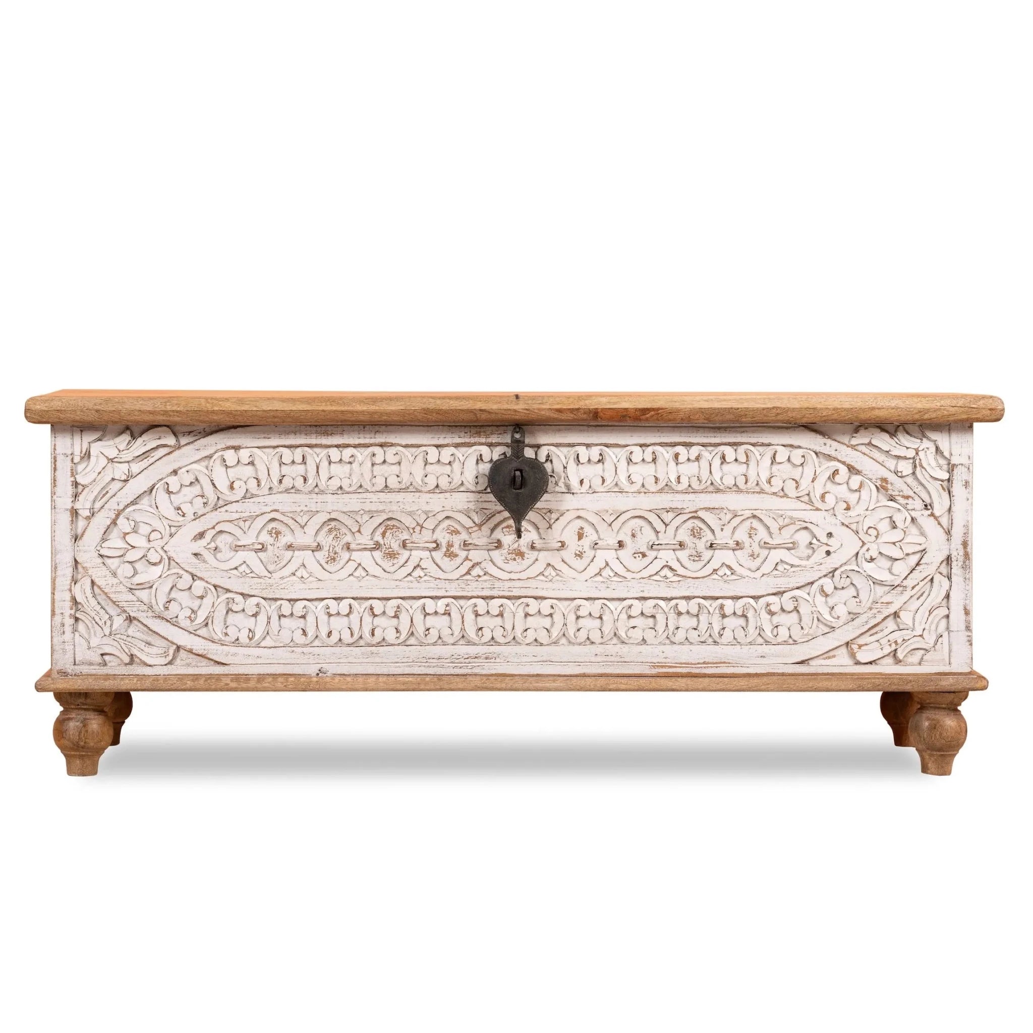 Mandapam Whitewashed Hand-Carved Mango Wood Storage Chest - DOBRI ARTS AU