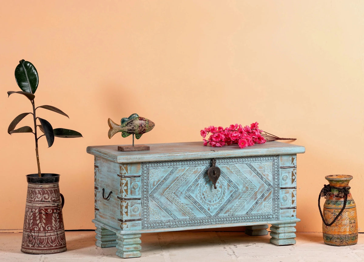 Mandavai Hand-Carved Mango Wood Turquoise Storage Chest - DOBRI ARTS AU