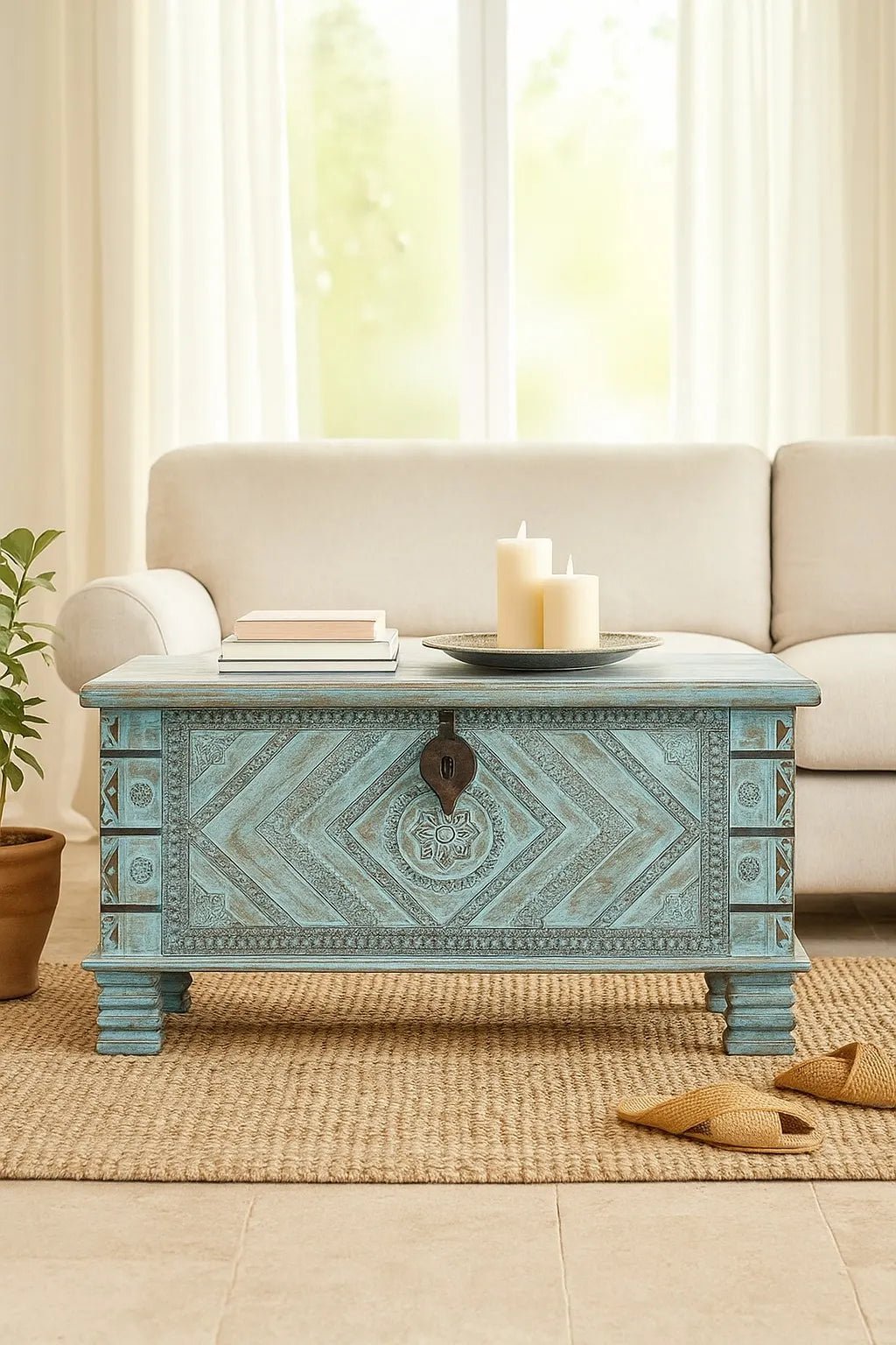 Mandavai Hand-Carved Mango Wood Turquoise Storage Chest - DOBRI ARTS AU