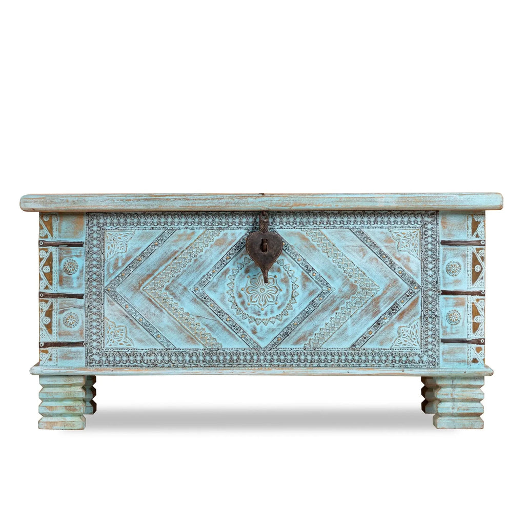 Mandavai Hand-Carved Mango Wood Turquoise Storage Chest - DOBRI ARTS AU