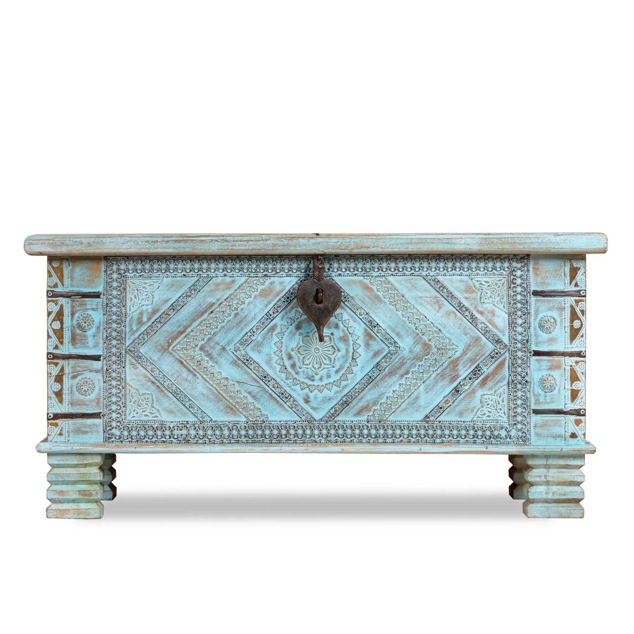 Mandavai Hand-Carved Mango Wood Turquoise Storage Chest - DOBRI ARTS AU