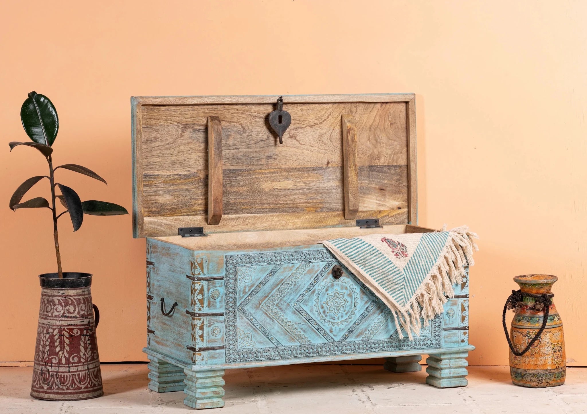 Mandavai Hand-Carved Mango Wood Turquoise Storage Chest - DOBRI ARTS AU