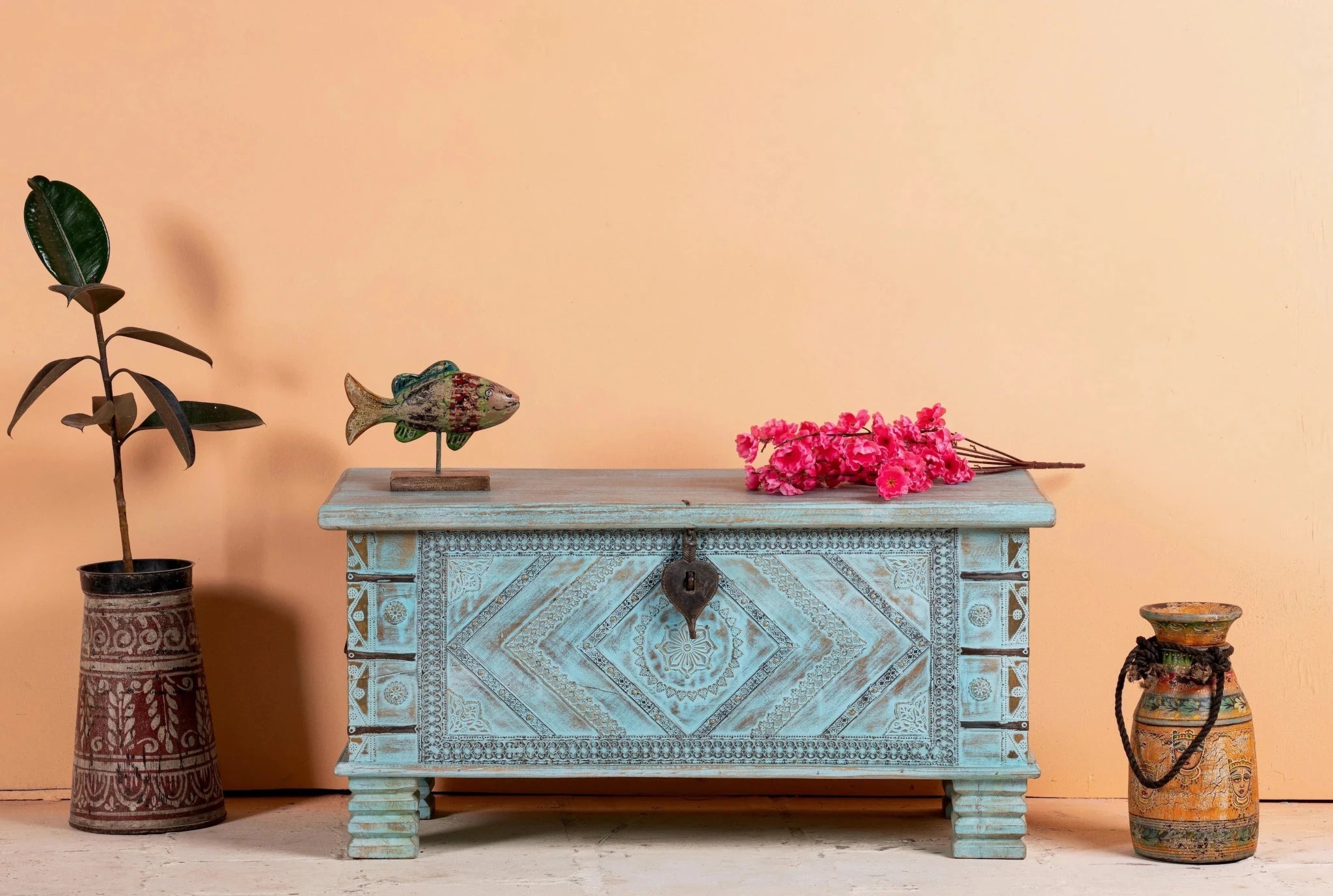 Mandavai Hand-Carved Mango Wood Turquoise Storage Chest - DOBRI ARTS AU