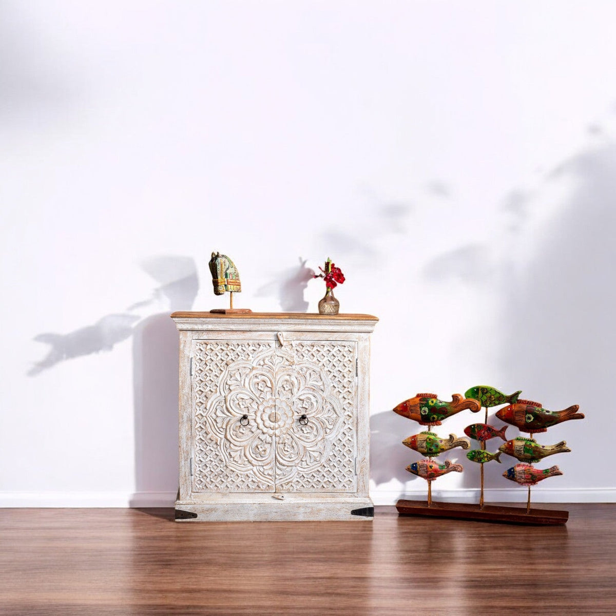 Mandora Hand-Carved Whitewashed Wooden Storage Cabinet - DOBRI ARTS AU