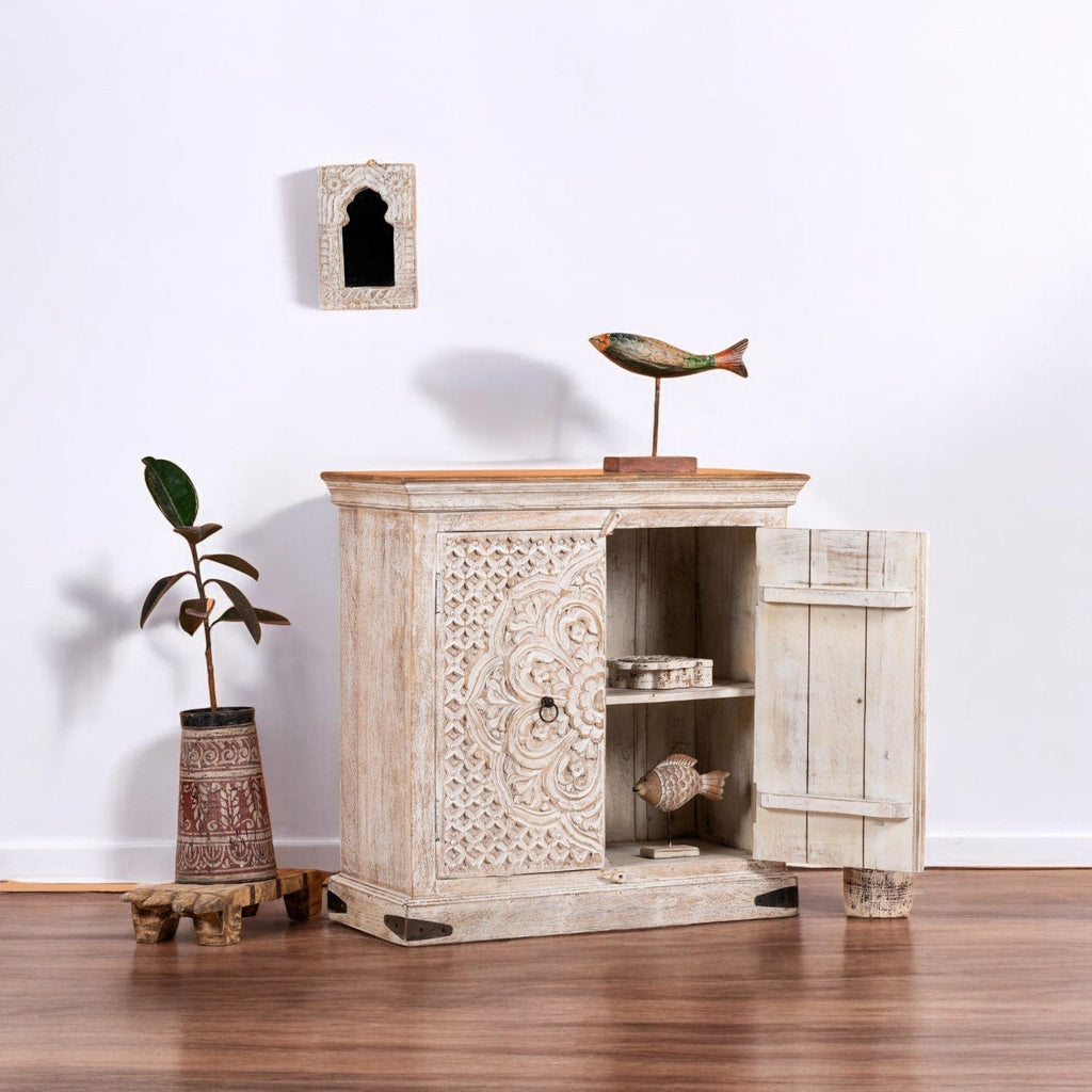 Mandora Hand-Carved Whitewashed Wooden Storage Cabinet - DOBRI ARTS AU
