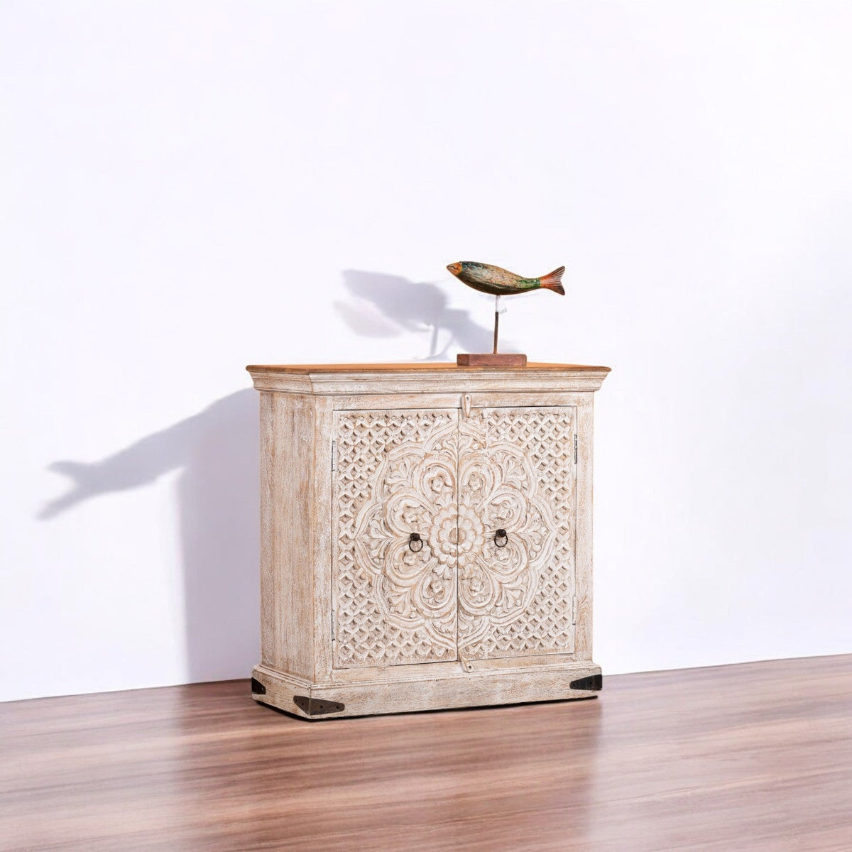 Mandora Hand-Carved Whitewashed Wooden Storage Cabinet - DOBRI ARTS AU