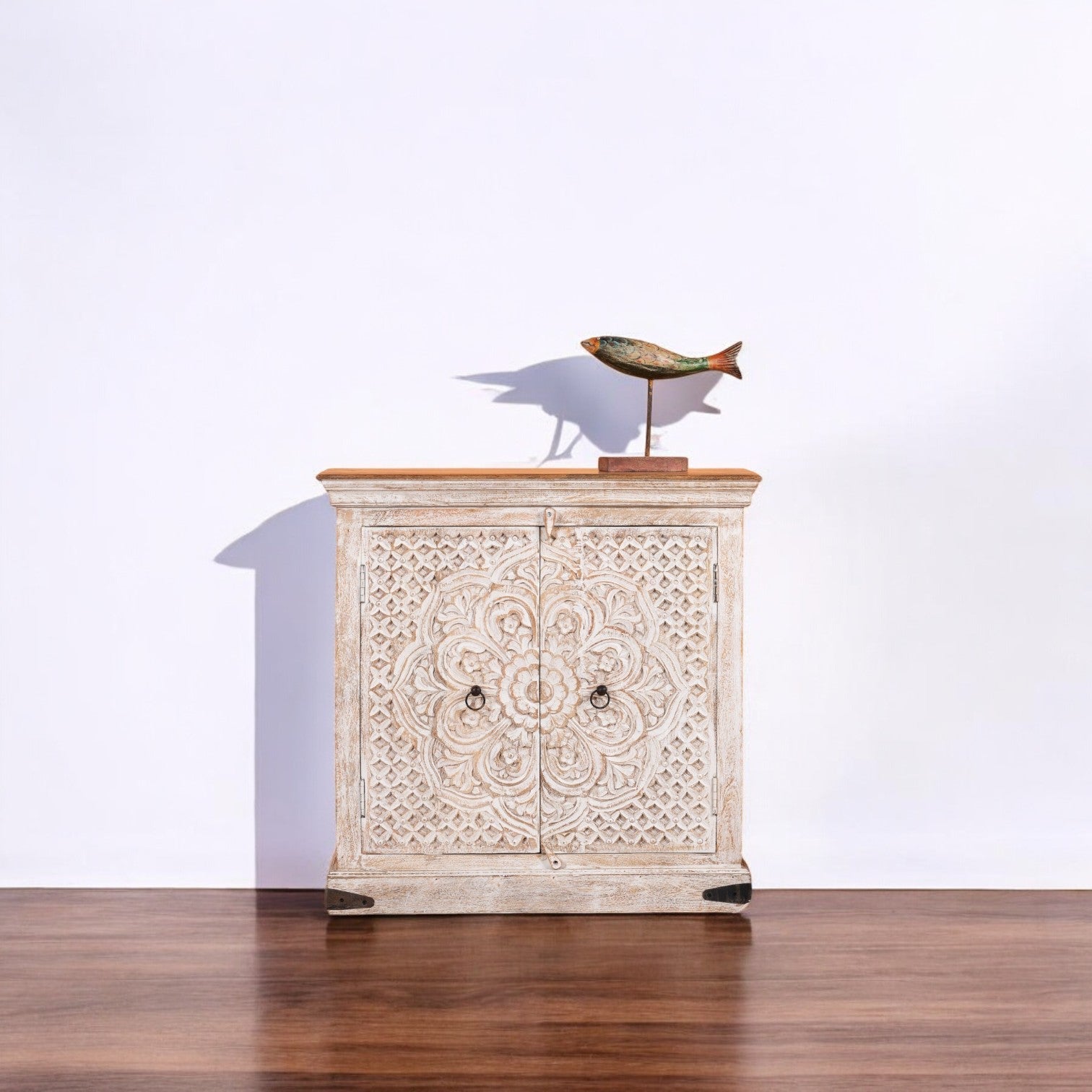 Mandora Hand-Carved Whitewashed Wooden Storage Cabinet - DOBRI ARTS AU