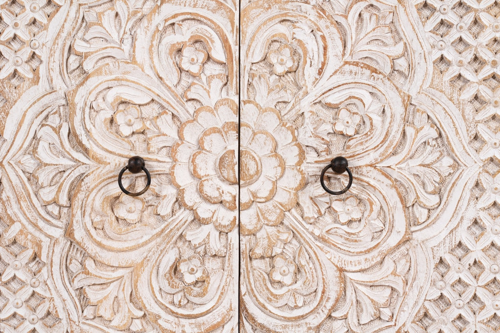 Mandora Hand-Carved Whitewashed Wooden Storage Cabinet - DOBRI ARTS AU