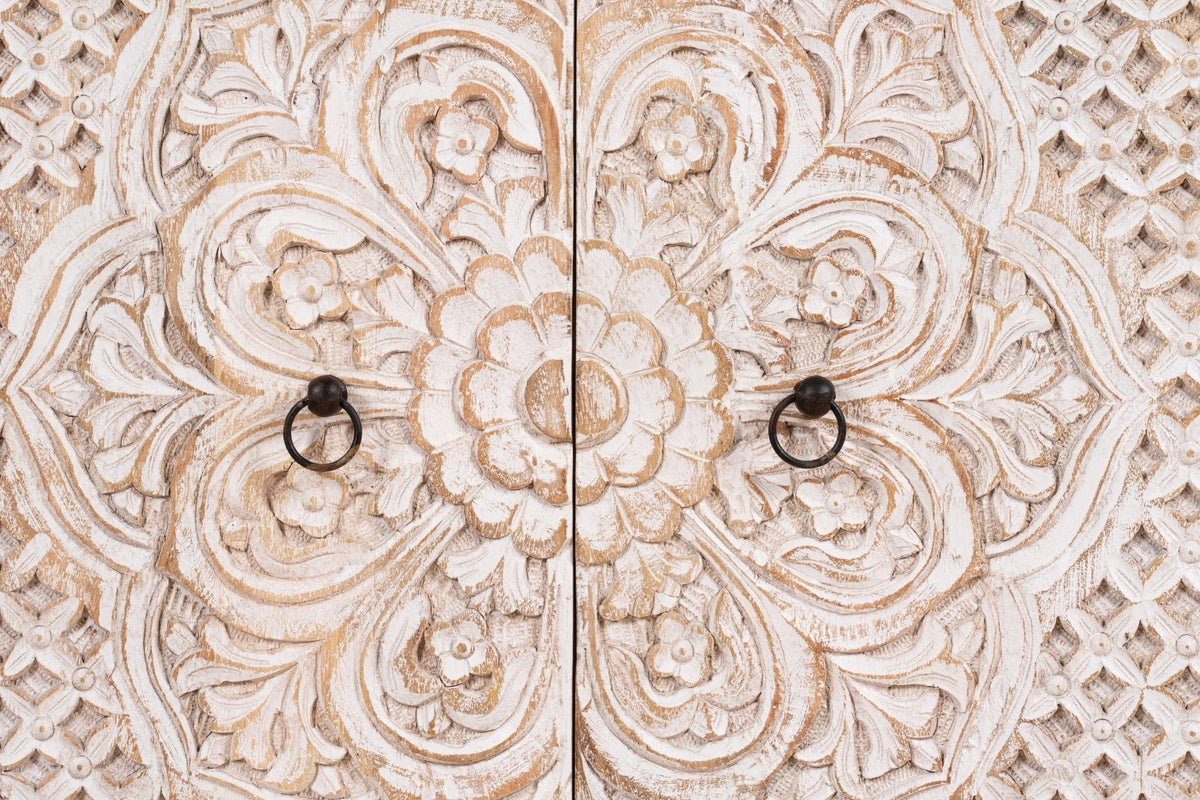 Mandora Hand-Carved Whitewashed Wooden Storage Cabinet - DOBRI ARTS AU