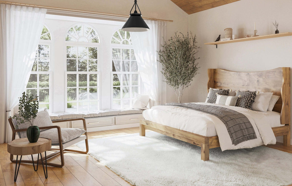 Mars Natural Mango Wood Bed – Rustic Solid Wood King Bed with Live-Edge Style Curved Headboard - DOBRI ARTS AU