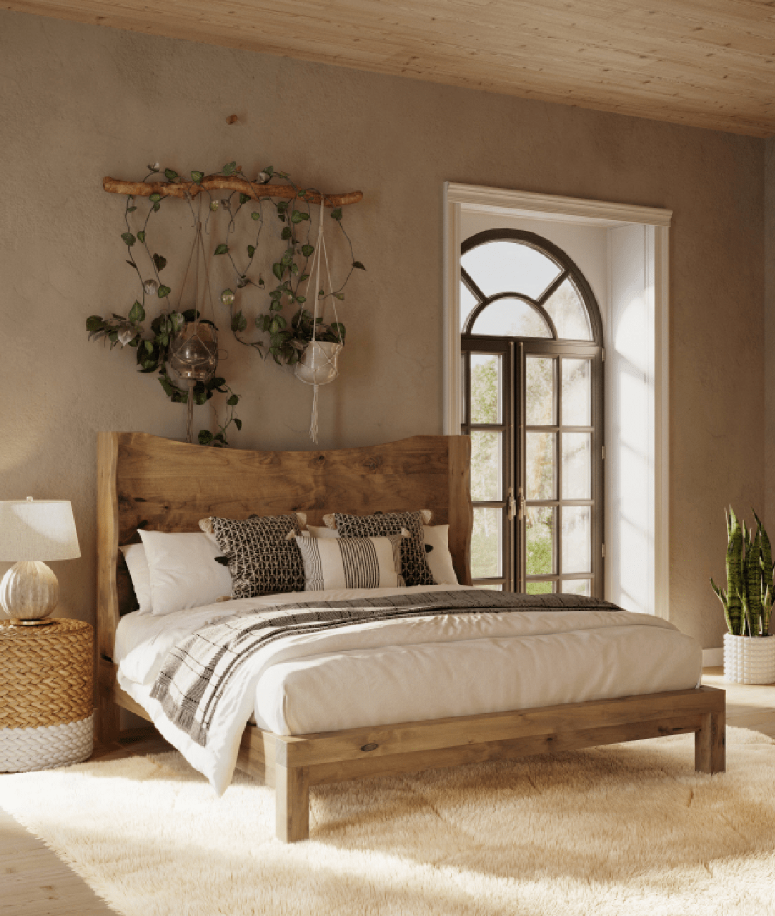 Mars Natural Mango Wood Bed – Rustic Solid Wood King Bed with Live-Edge Style Curved Headboard - DOBRI ARTS AU
