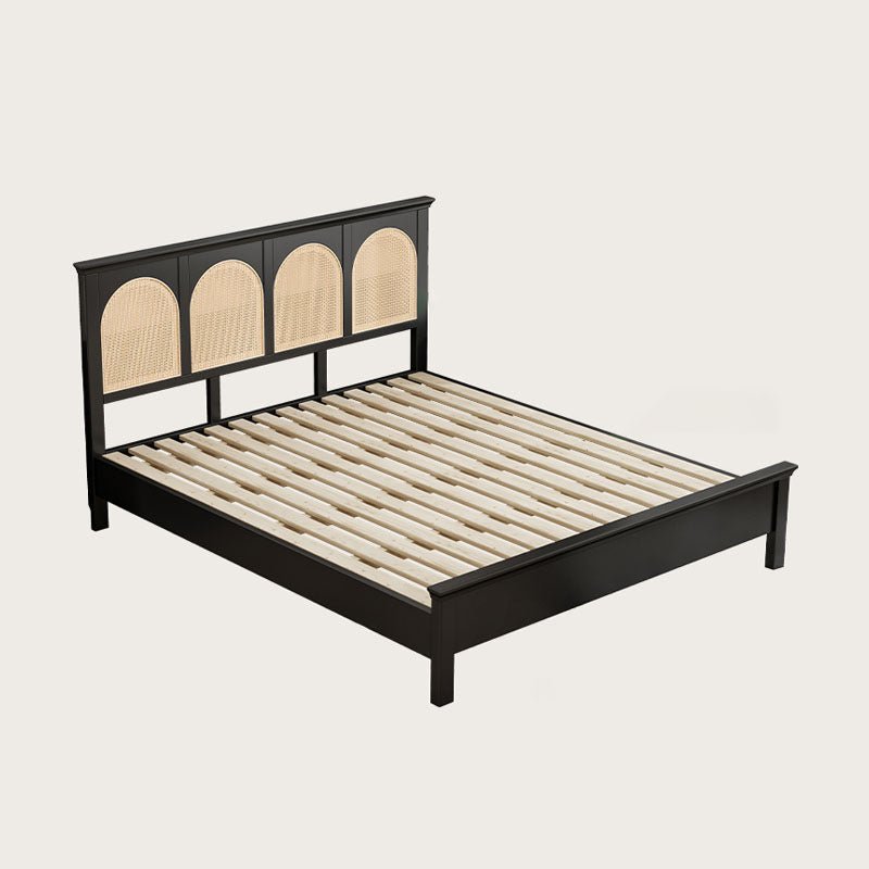 Matte Black Solid Wood King Bed with Rattan Headboard – Modern Cane Panel Bedroom Bed Frame - DOBRI ARTS AU