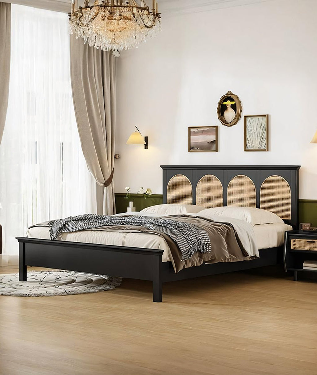 Matte Black Solid Wood King Bed with Rattan Headboard – Modern Cane Panel Bedroom Bed Frame - DOBRI ARTS AU
