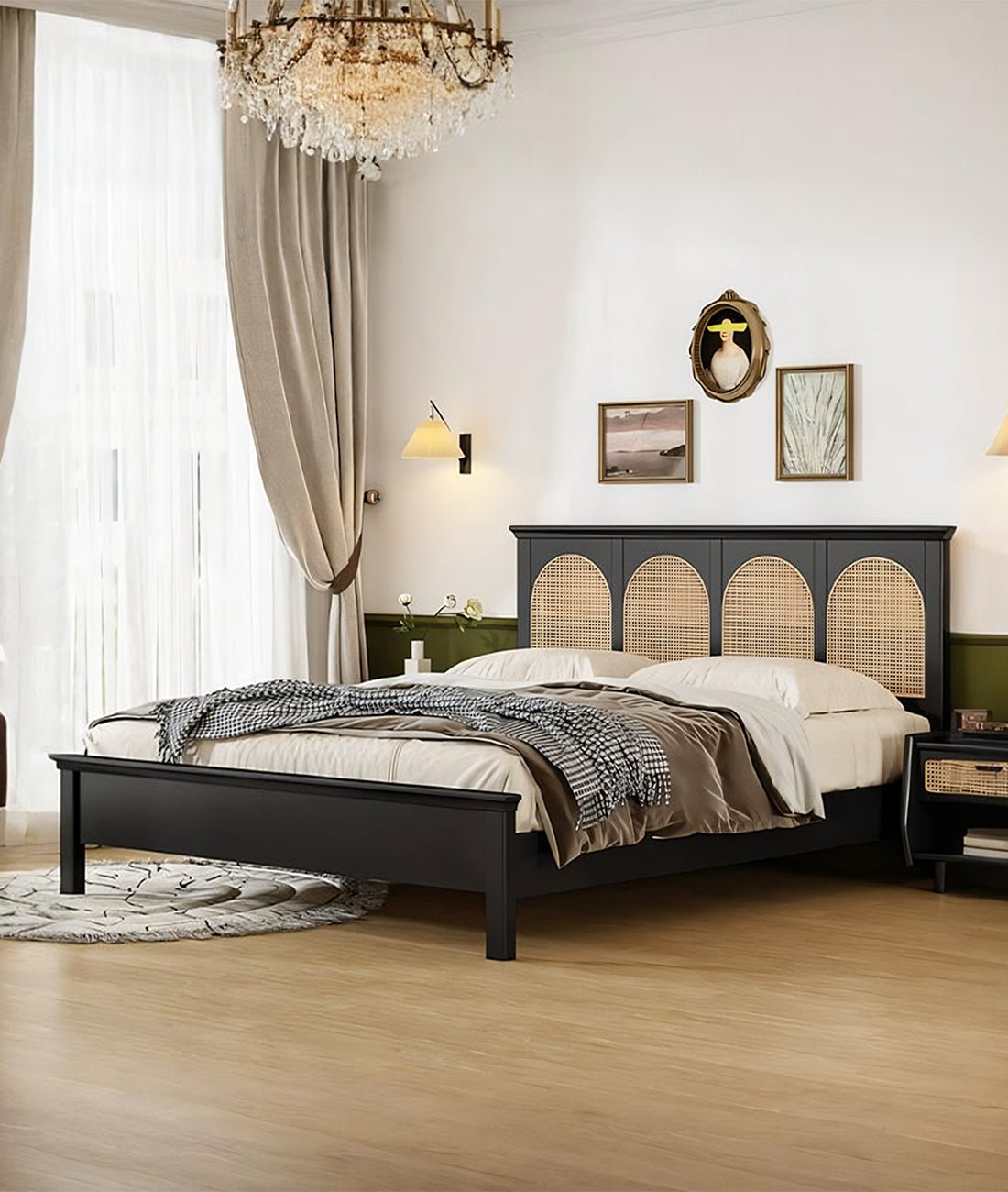 Matte Black Solid Wood King Bed with Rattan Headboard – Modern Cane Panel Bedroom Bed Frame - DOBRI ARTS AU