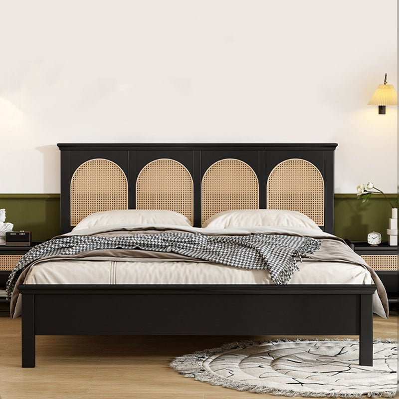 Matte Black Solid Wood King Bed with Rattan Headboard – Modern Cane Panel Bedroom Bed Frame - DOBRI ARTS AU