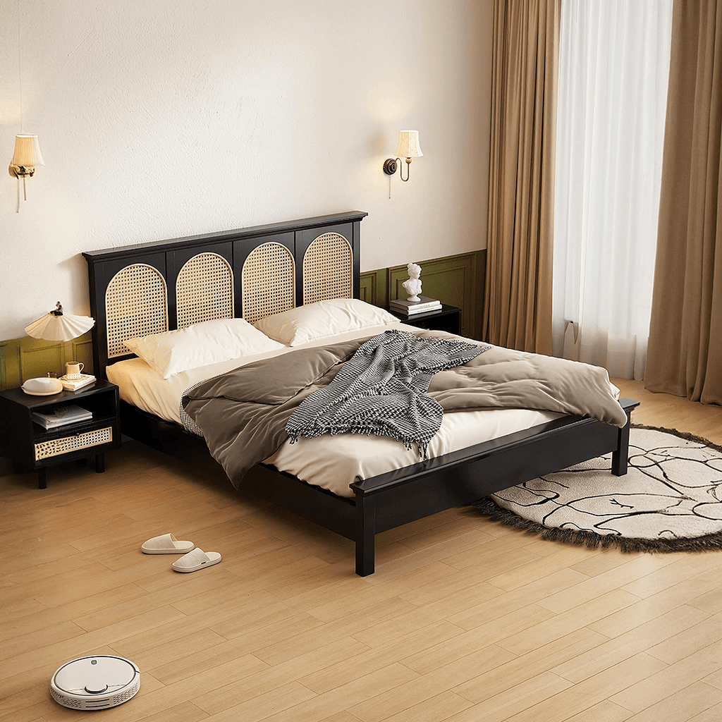 Matte Black Solid Wood King Bed with Rattan Headboard – Modern Cane Panel Bedroom Bed Frame - DOBRI ARTS AU