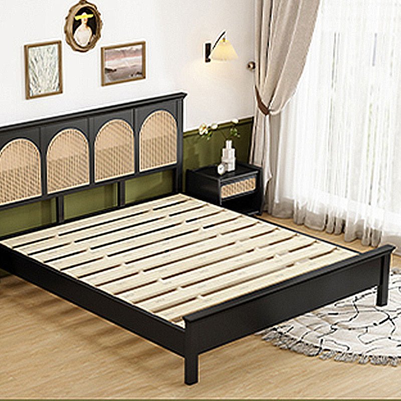 Matte Black Solid Wood King Bed with Rattan Headboard – Modern Cane Panel Bedroom Bed Frame - DOBRI ARTS AU