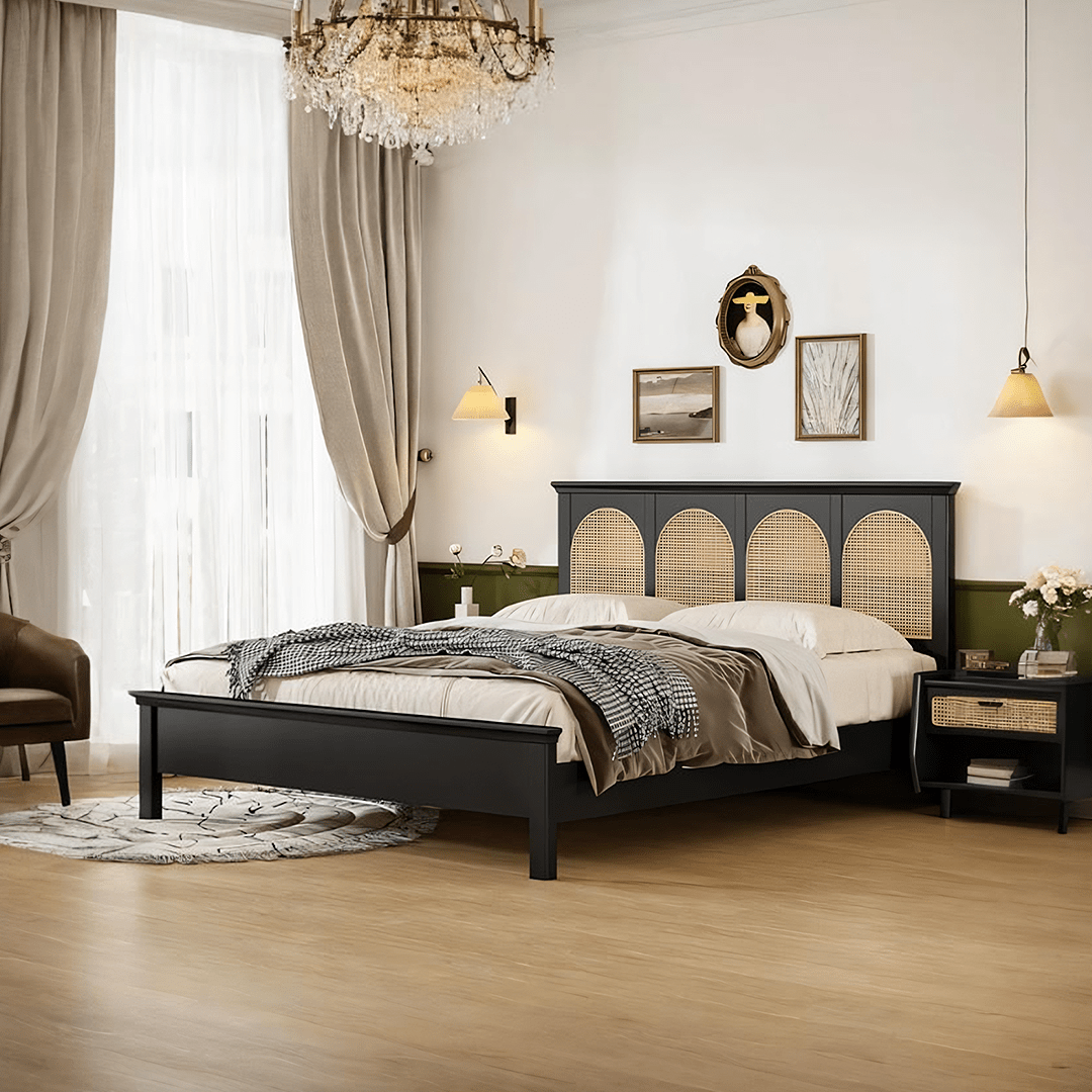 Matte Black Solid Wood King Bed with Rattan Headboard – Modern Cane Panel Bedroom Bed Frame - DOBRI ARTS AU