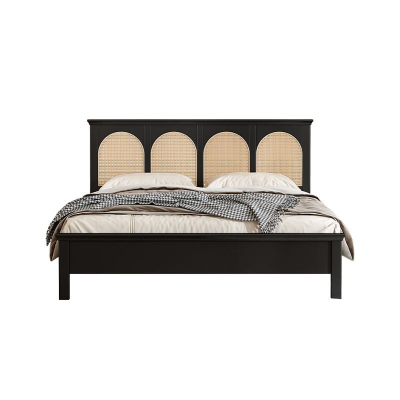 Matte Black Solid Wood King Bed with Rattan Headboard – Modern Cane Panel Bedroom Bed Frame - DOBRI ARTS AU
