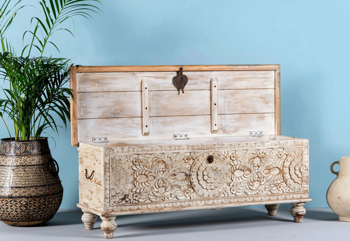 Mau Hand-Carved Mango Wood Storage Chest with Rustic White Distressed Finish - DOBRI ARTS AU