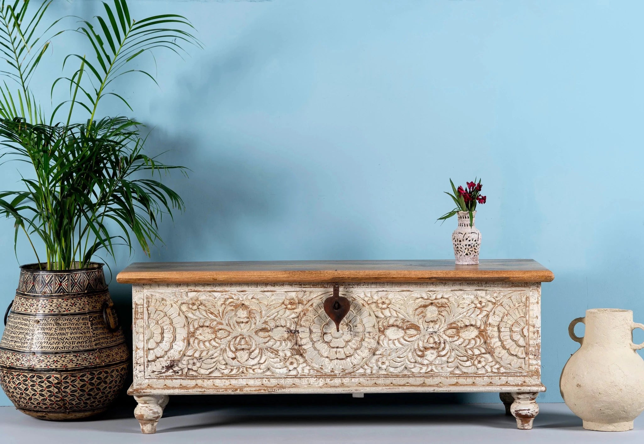 Mau Hand-Carved Mango Wood Storage Chest with Rustic White Distressed Finish - DOBRI ARTS AU