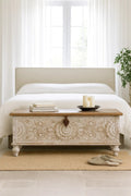 Mau Hand-Carved Mango Wood Storage Chest with Rustic White Distressed Finish - DOBRI ARTS AU